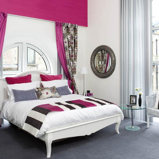Яркий цветовой дизайн занавесок в спальню